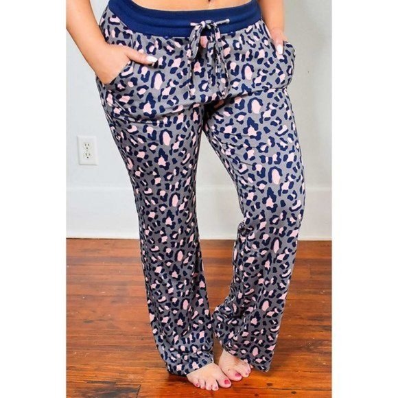 Leopard Print Solid Waistband Plus Size Lounge Pants 2X (9191) - Picture 5 of 7